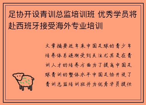 足协开设青训总监培训班 优秀学员将赴西班牙接受海外专业培训 足协开设青训总监培训班 优秀学员将赴西班牙接受海外专业培训
